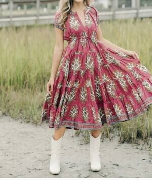 Victoria Dunn Ruby Wine Floral Midi Dress Puff Sleeve Tiered Sm Boho Block Print
